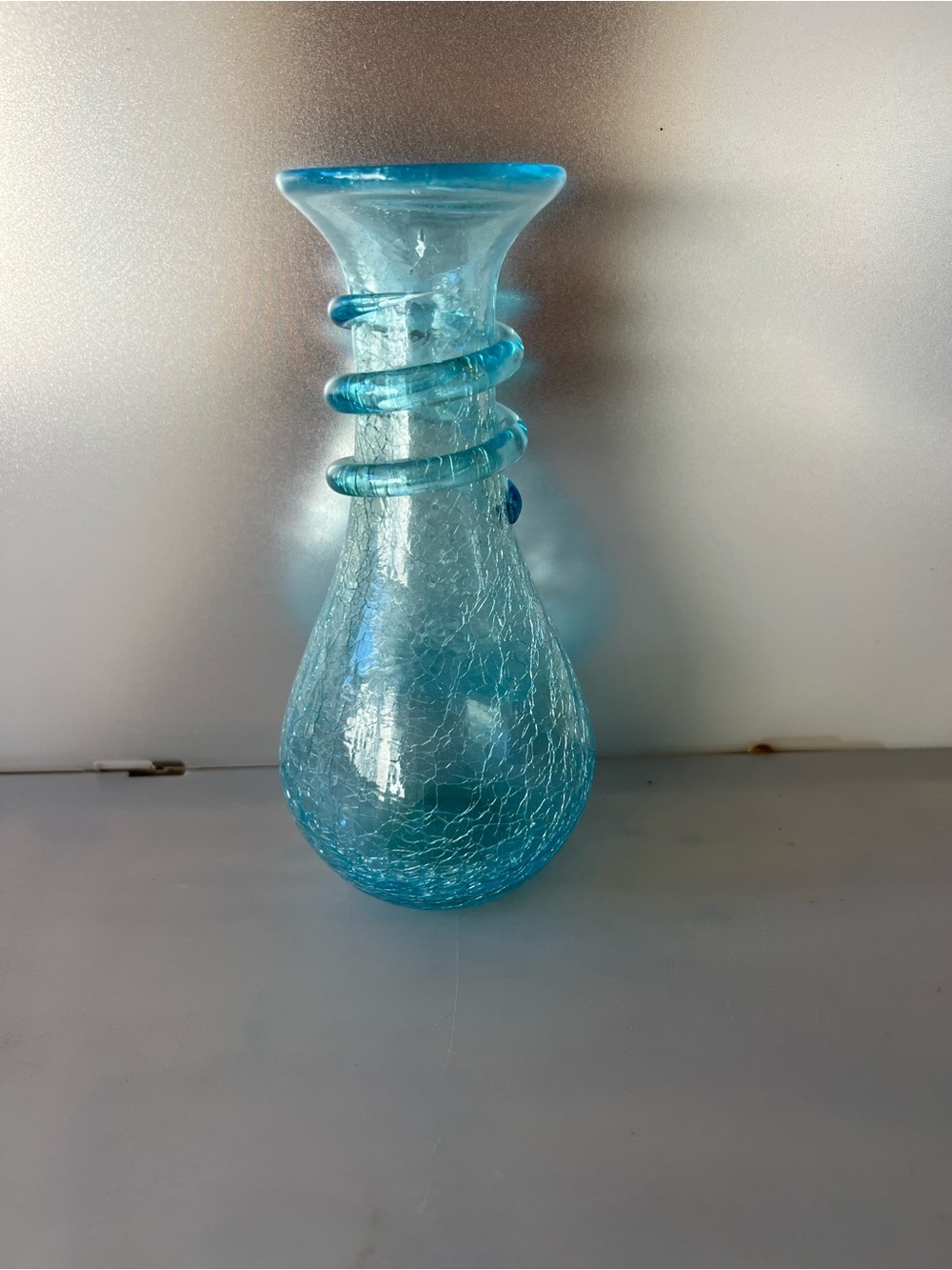 Vintage BLENKO Aqua Light Blue Crackle Glass Vase With Applied Spiral MCM